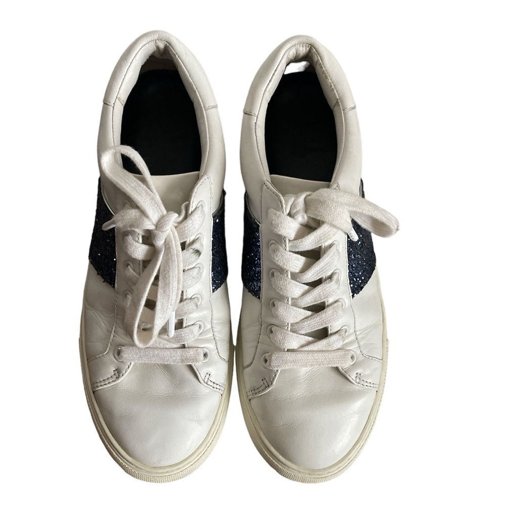 Tory Burch Carter Leather Blue Glitter Stripe Sneaker